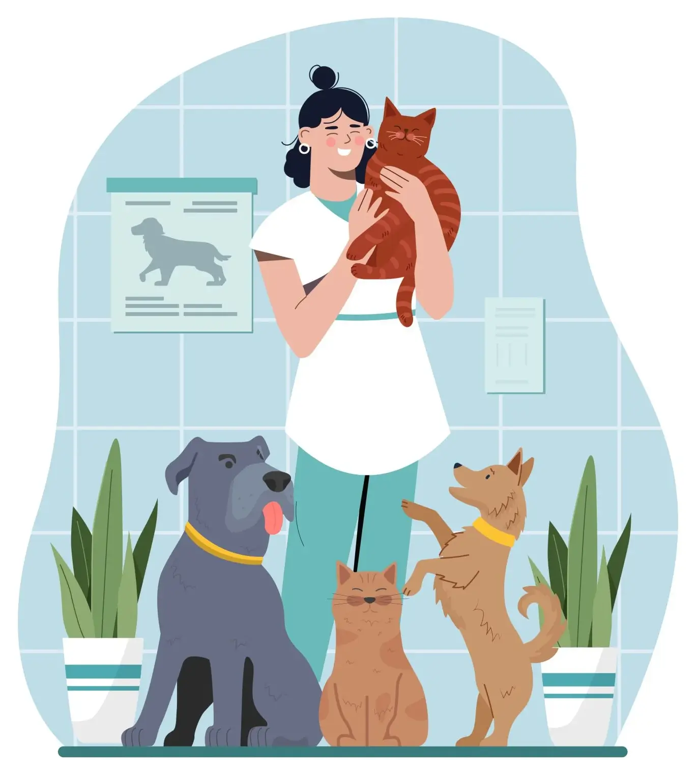 Veterinarian holding cat, dogs and cats.