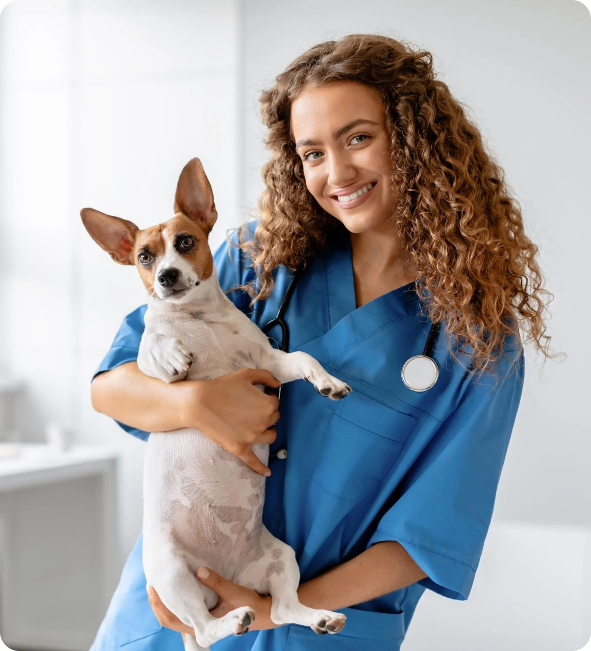 Smiling vet holding a small dog.